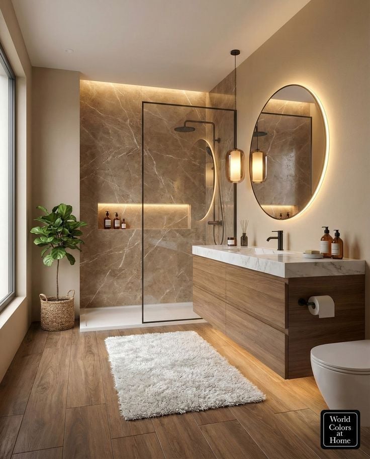 Modern bathroom with marble tile shower, illuminated round mirror, wooden vanity, and cream tile flooring